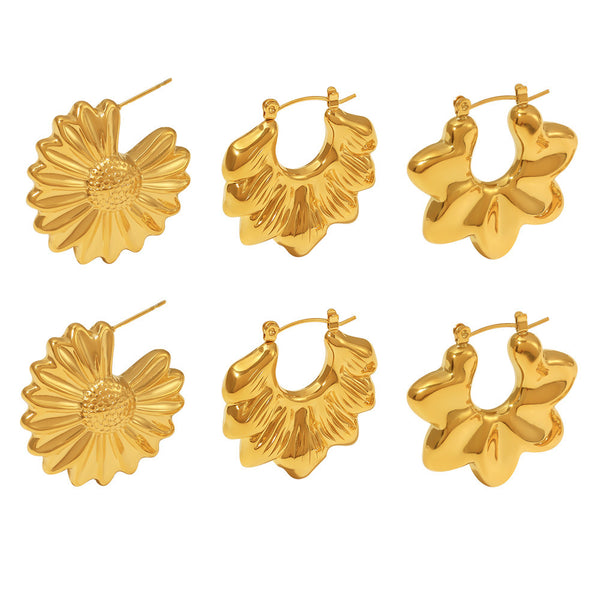 Folded Wave Chrysanthemum Hollow Earrings, Titanium Steel 18K Gold Plated Temperament Irregular Earrings Women
