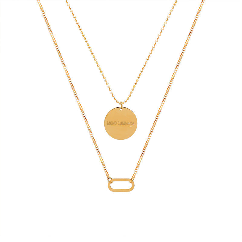 Big Round Brand Geometric Oval Clavicle Neck Chain Hip Hop Style Double Layer Stacked Titanium Steel Necklace Women's Jewelry Pendant