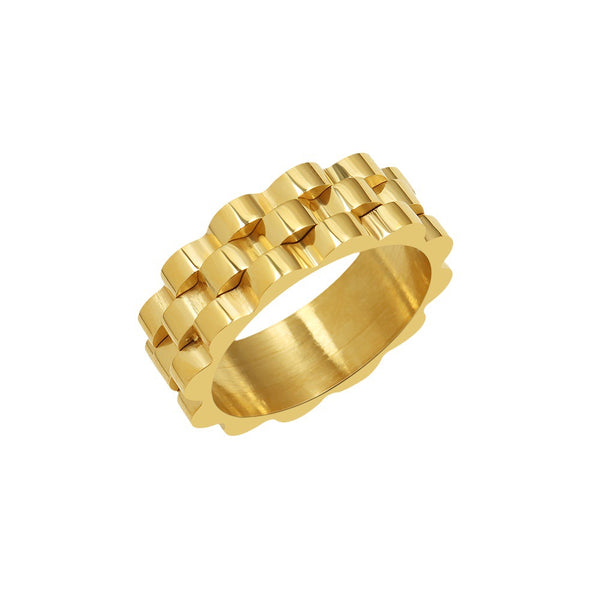 Exaggerated cold ins wind thick strap retro feeling non-fading ring titanium steel plated 18k gold ring pp