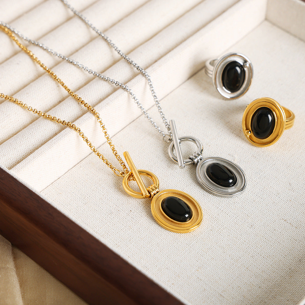 New composite titanium steel gold-plated agate oval pendant OT buckle necklace ring set jewelry