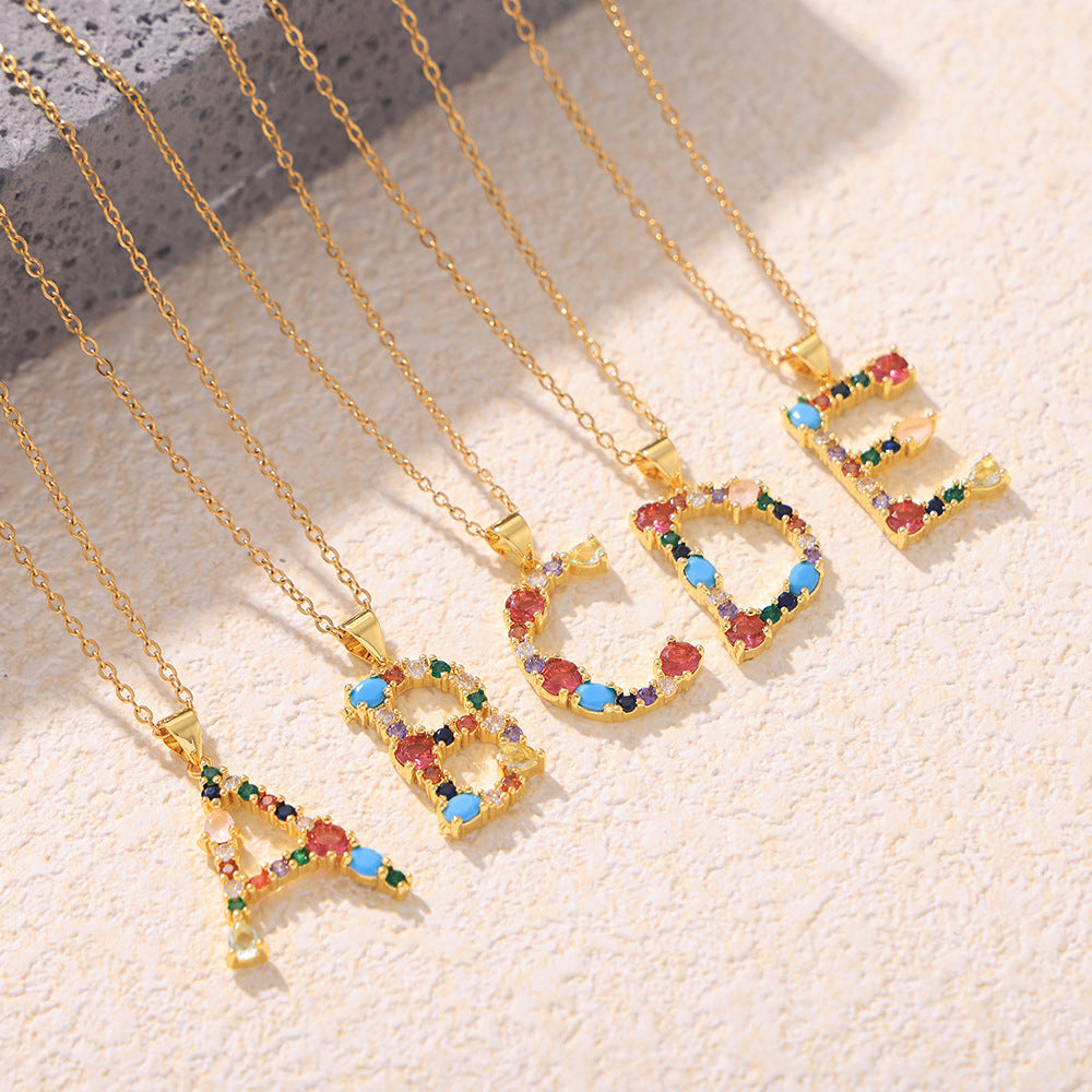 European and American cross-border copper micro-inlaid colored zircon 26 English letters personalized individual pendant niche hip-hop collarbone chain pp