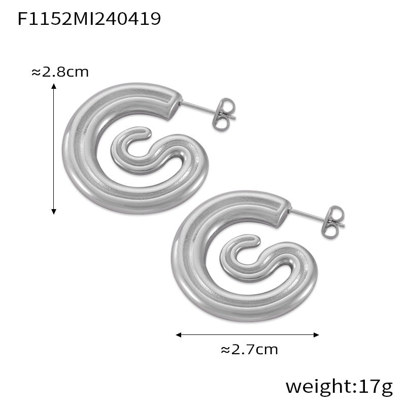 Retro niche personality temperament jewelry geometric engraving texture design titanium steel gold-plated C-shaped earrings