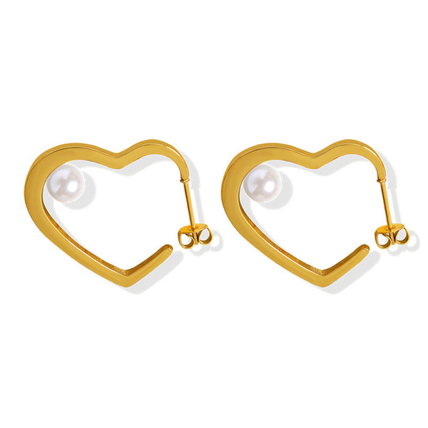 Cold wind niche show face thin design peach heart imitation pearl earrings women's titanium steel 18K gold stud earrings ear jewelry pp
