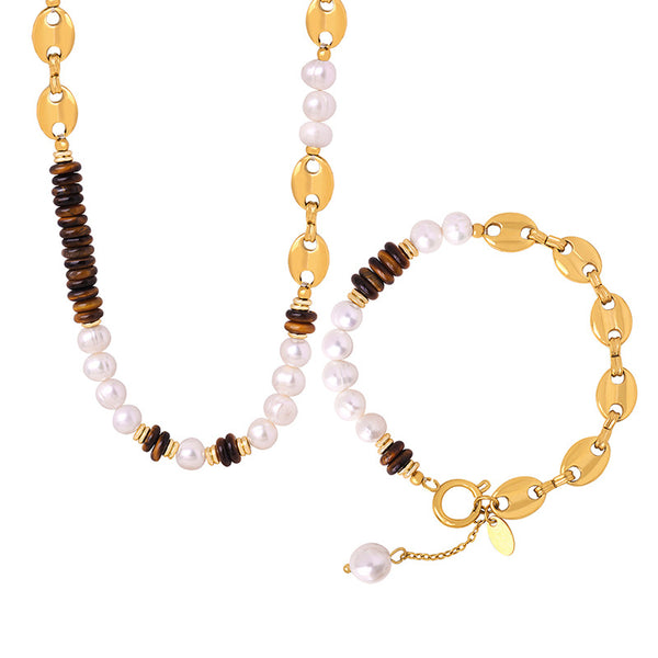 Versatile light luxury titanium steel freshwater pearl tiger's eye stone pig's nose chain necklace bracelet set jewelry women
