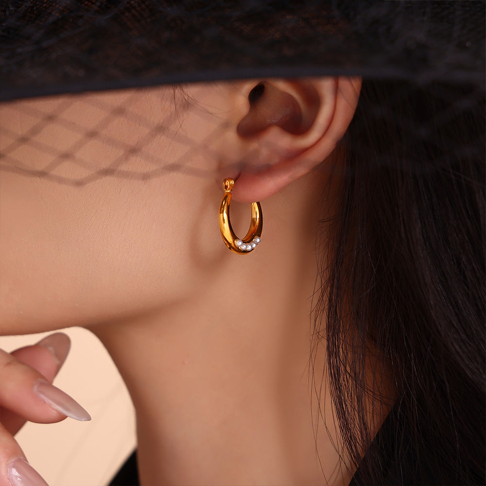 Geometric ring imitation pearl open earrings titanium steel plated 18K gold elegant light luxury non-fading earrings