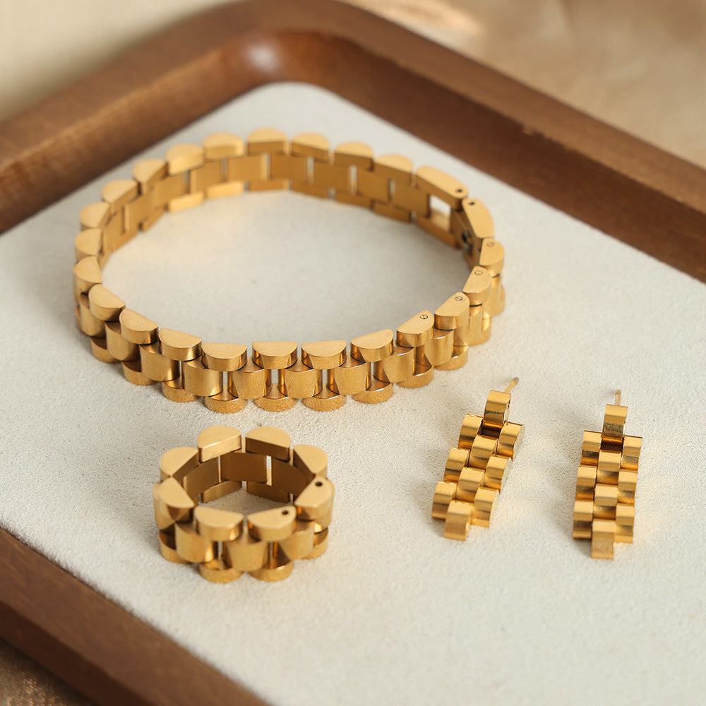 New high-end personalized chain titanium steel gold-plated creative fashion bracelet earrings ring set jewelry women pp