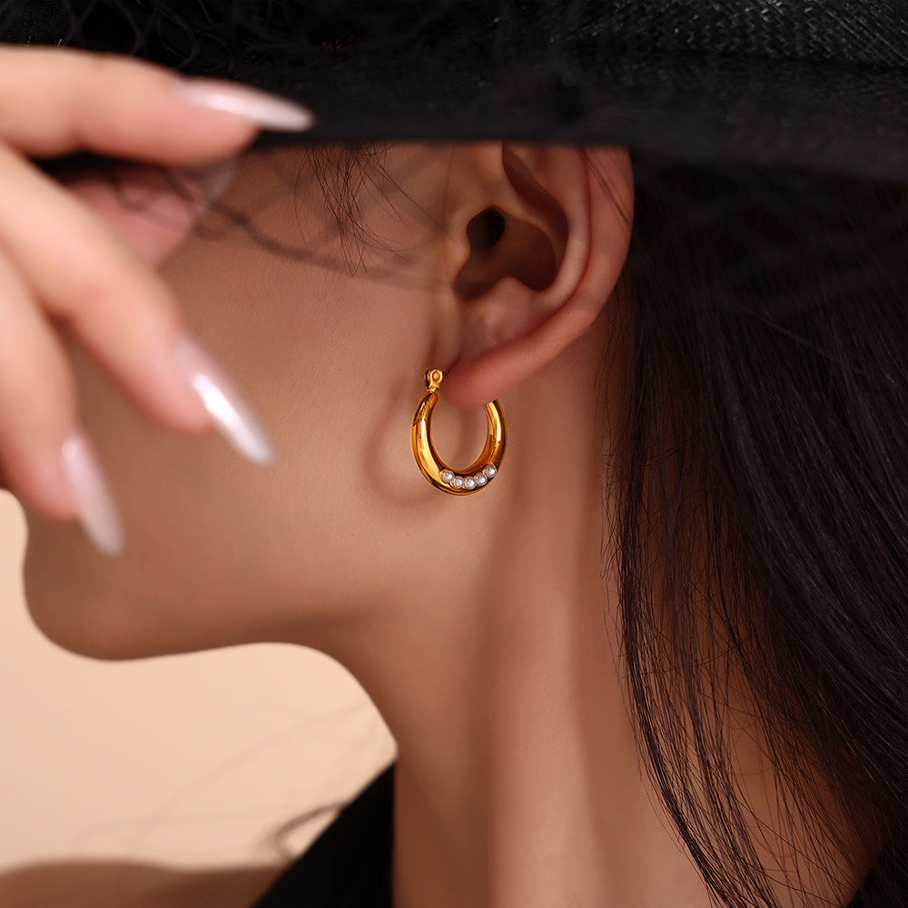 Geometric ring imitation pearl open earrings titanium steel plated 18K gold elegant light luxury non-fading earrings