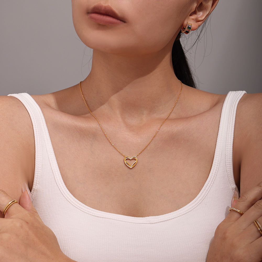 Light luxury double-layer love inlaid zircon collarbone necklace bracelet PVD plated real gold niche sweet set pp