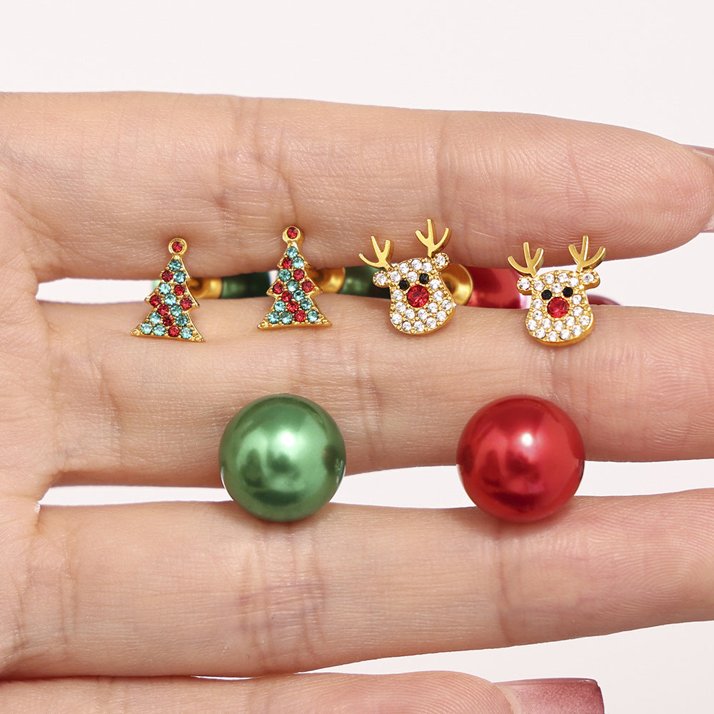 Color zircon Christmas tree elk stainless steel stud earrings DIY colored beads ear plug niche new earrings