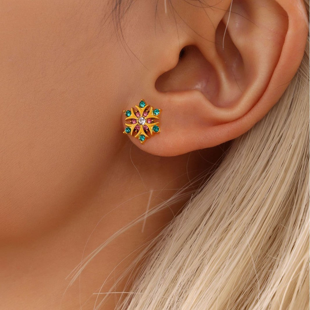 Handmade inlaid zircon snowflake stud earrings stainless steel plated 18K real gold niche fashion commuter earrings wholesale