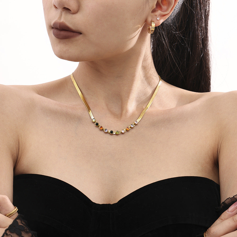 Colorful zircon blade necklace bracelet stainless steel plated 18k real gold color retention fashion light luxury set