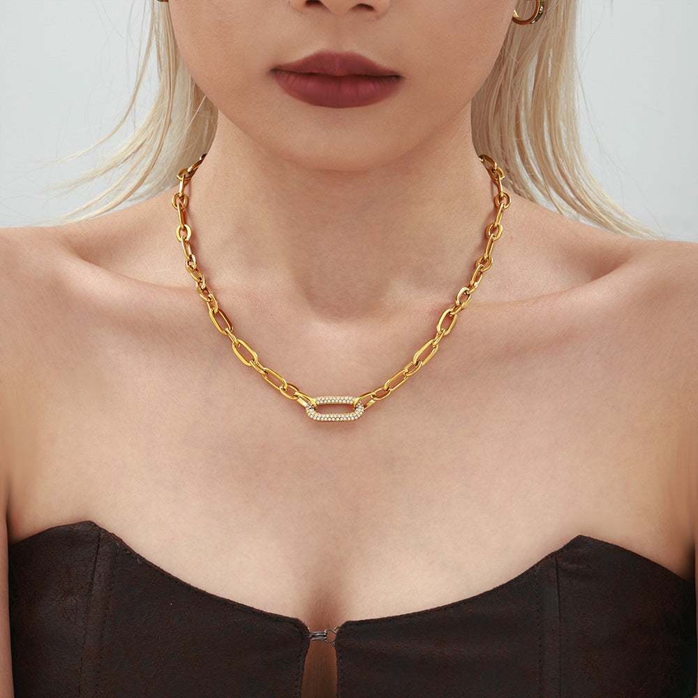 Titanium steel jewelry stainless steel micro-inlaid zircon collarbone necklace bracelet simple and exquisite set tide