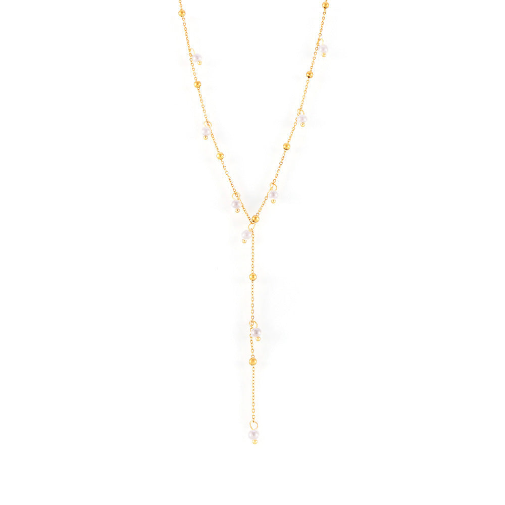 Fashion tassel necklace imitation pearl pendant necklace temperament sweet princess style plated 18k gold titanium steel jewelry pp