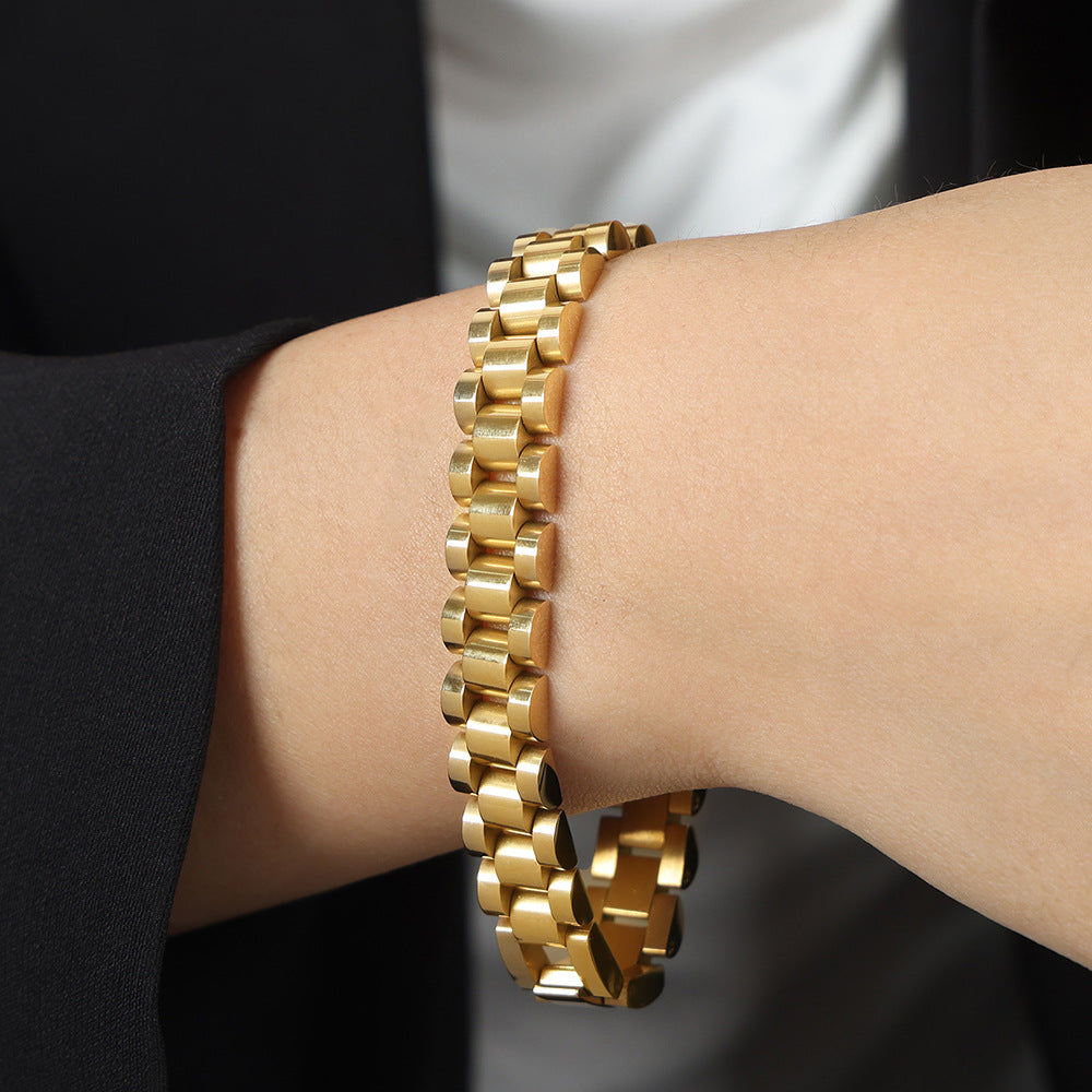 New high-end personalized chain titanium steel gold-plated creative fashion bracelet earrings ring set jewelry women pp