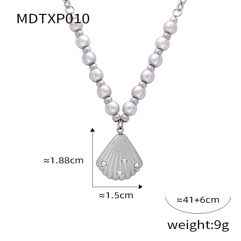 Personalized casual style jewelry with diamond shell shape design sense pendant, freshwater pearl titanium steel jewelry set pp