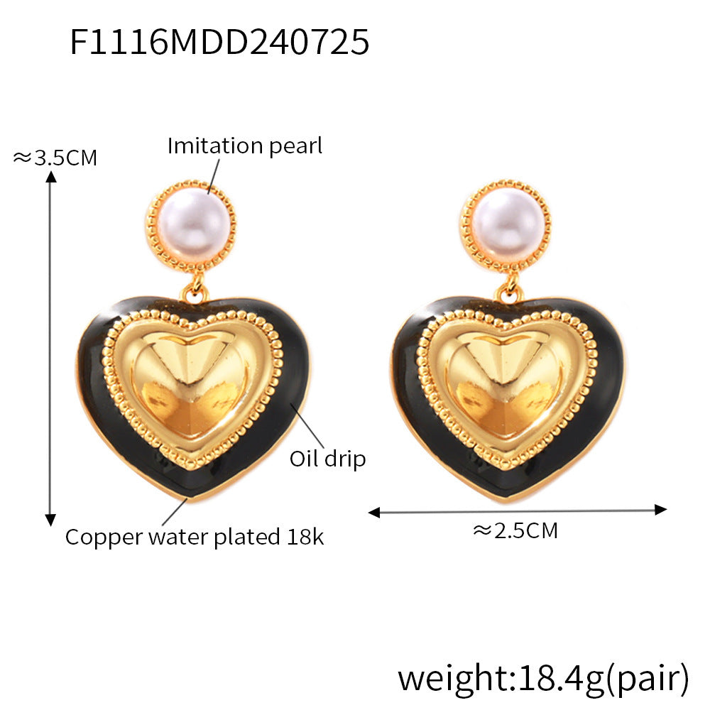 Imitation pearl love three-dimensional glass stone full stud earrings light luxury copper material hot-selling earrings 99