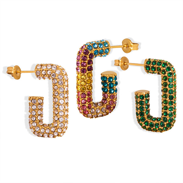 Fashion commuter niche personality inlaid multi-color Czech diamond geometric G-shaped design sense dopamine titanium steel earrings 99