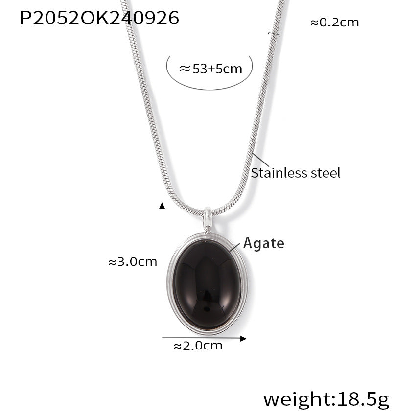 Autumn and winter stacked wearing Maillard style oval tiger's eye stone pendant necklace light luxury stainless steel non-fading neck chain