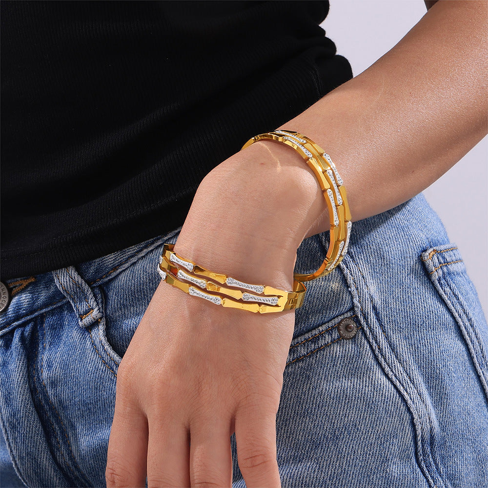 Guochao personalized simple light luxury diamond-encrusted jewelry geometric bamboo splicing design titanium steel bracelet pp