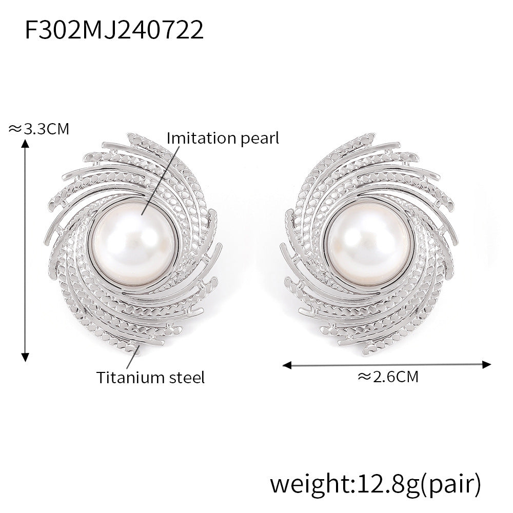 Cross-border new geometric thread inlaid imitation pearl earrings women's titanium steel plated 18k gold braided texture stud earrings pp