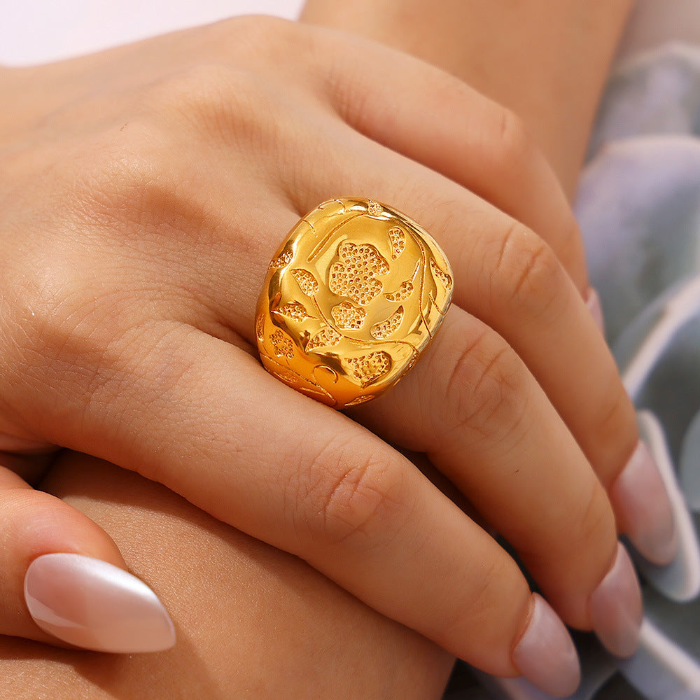 Vintage geometric element karst texture ring 18k gold plated fashion exaggerated stainless steel trend jewelry