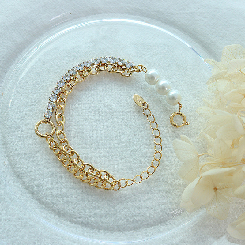 Cold wind light luxury fashion trend imitation pearl zircon bracelet titanium steel plated 18K real gold E029
