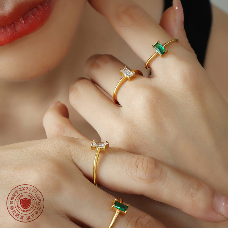 Simple and compact plain ring finger ring inlaid square white-green zircon ring niche design non-fading jewelry