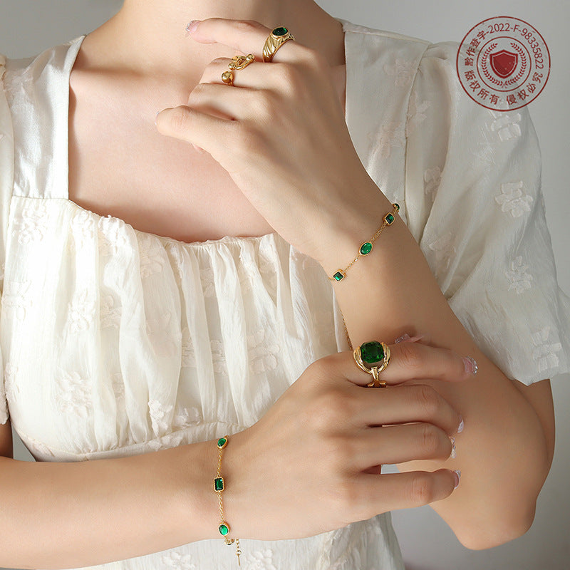 Niche design court style accessories Douyin same jewelry emerald zircon inlaid titanium steel gold-plated bracelet 99