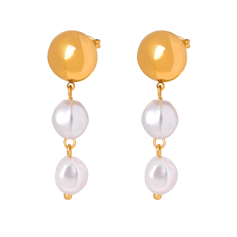 Cold wind temperament elegant steel ball fringed high-gloss bead design sense versatile titanium steel gold-plated earrings pp