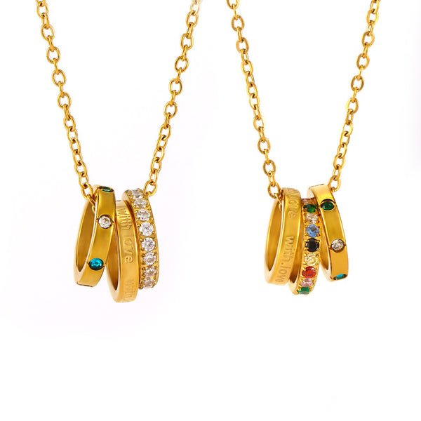 With love three rings mixed color diamond set stainless steel zircon clavicle stacked necklace luxury jewelry spot