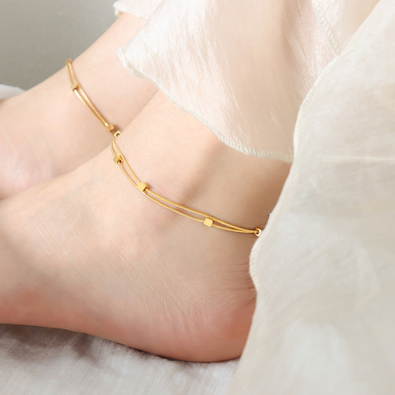 Simple personality original design light luxury temperament square double chain fashion anklet titanium steel plated 18K gold women's jewelry pp