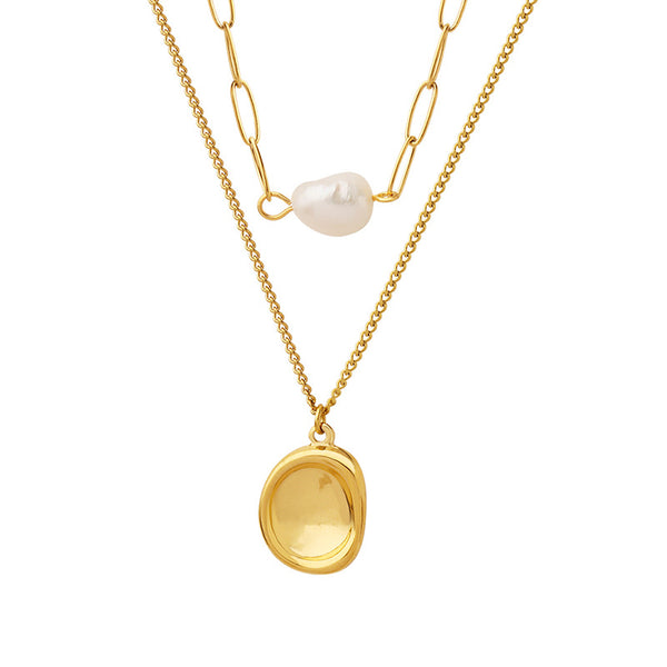 Concave-convex pendant Double-layer stacked wearing freshwater pearl necklace Women's niche design gold-plated collarbone neck chain P831pp