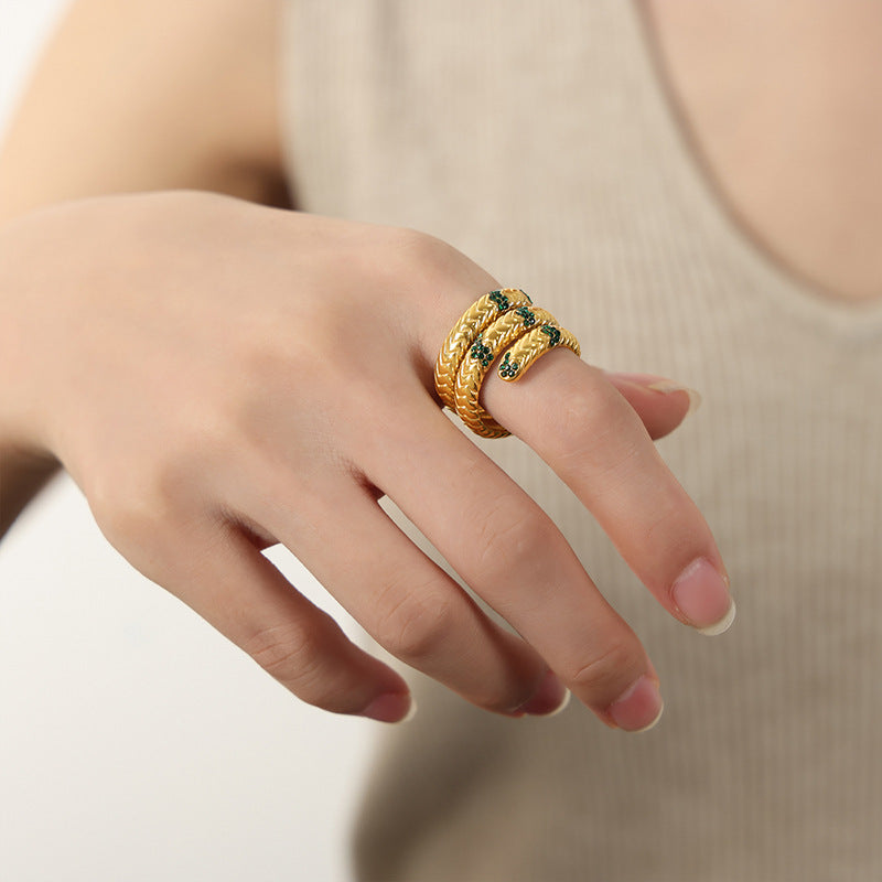 New fashion light luxury retro titanium steel gold-plated with colored diamonds multi-layer texture personalized opening ring jewelry women