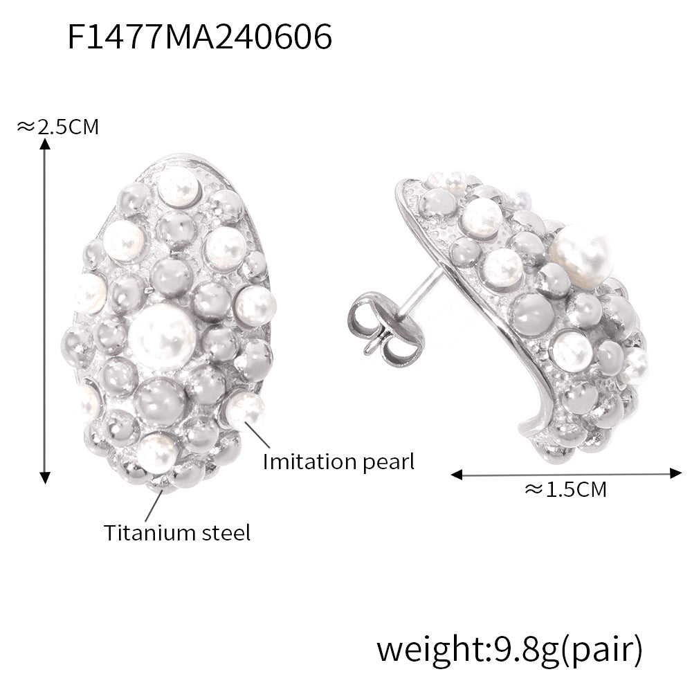 Wind fashion simple personality water drop shape elegant earrings inlaid bead design titanium steel gold-plated stud earrings