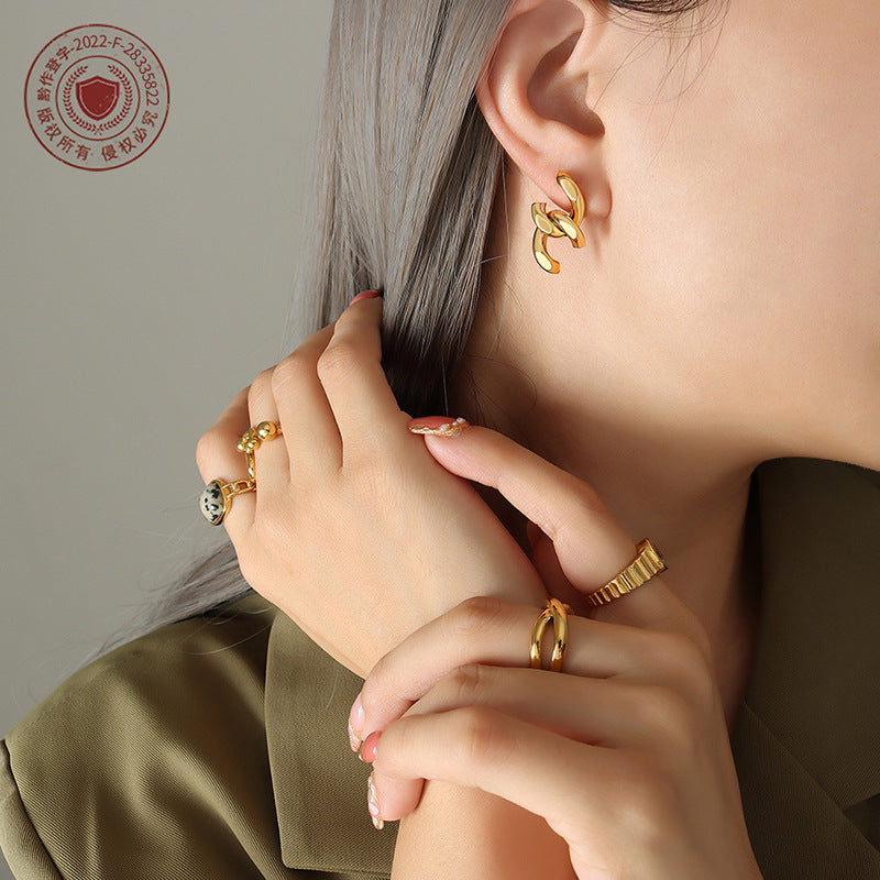Chain splicing stud earrings women's titanium steel plated 18k gold earrings personalized ins cold wind earrings wholesale F393pp