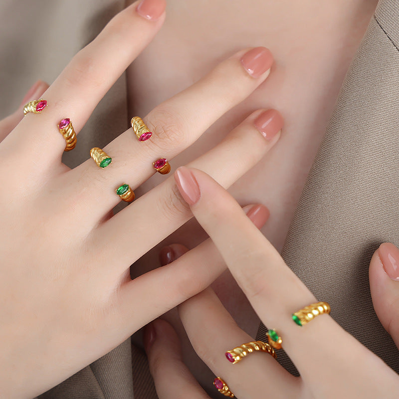 New personalized non-fading electroplated titanium steel twist thread inlaid with colored spar personalized opening ring female