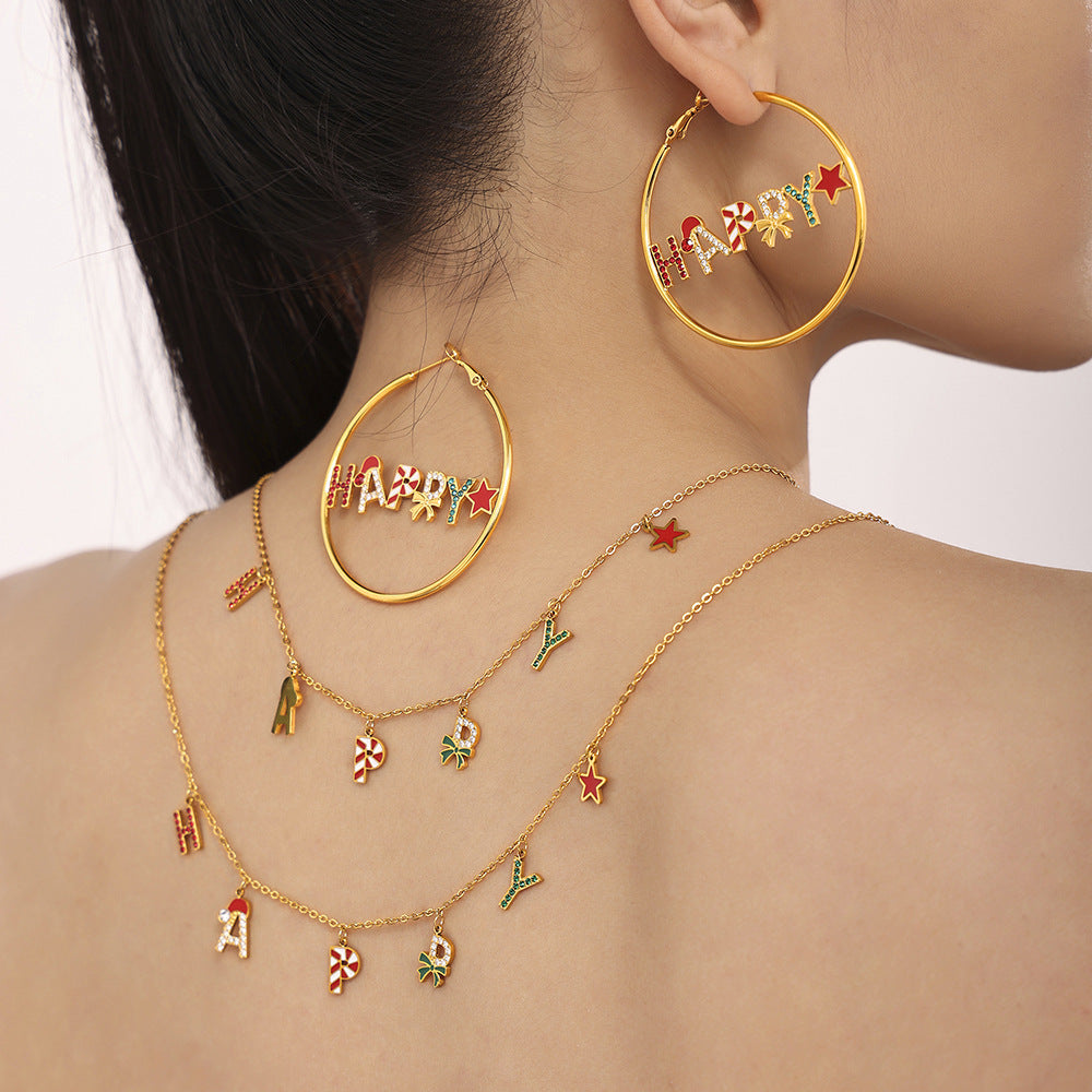 Christmas jewelry enamel glaze inlaid zircon HAPPY letter necklace bracelet earrings European and American set