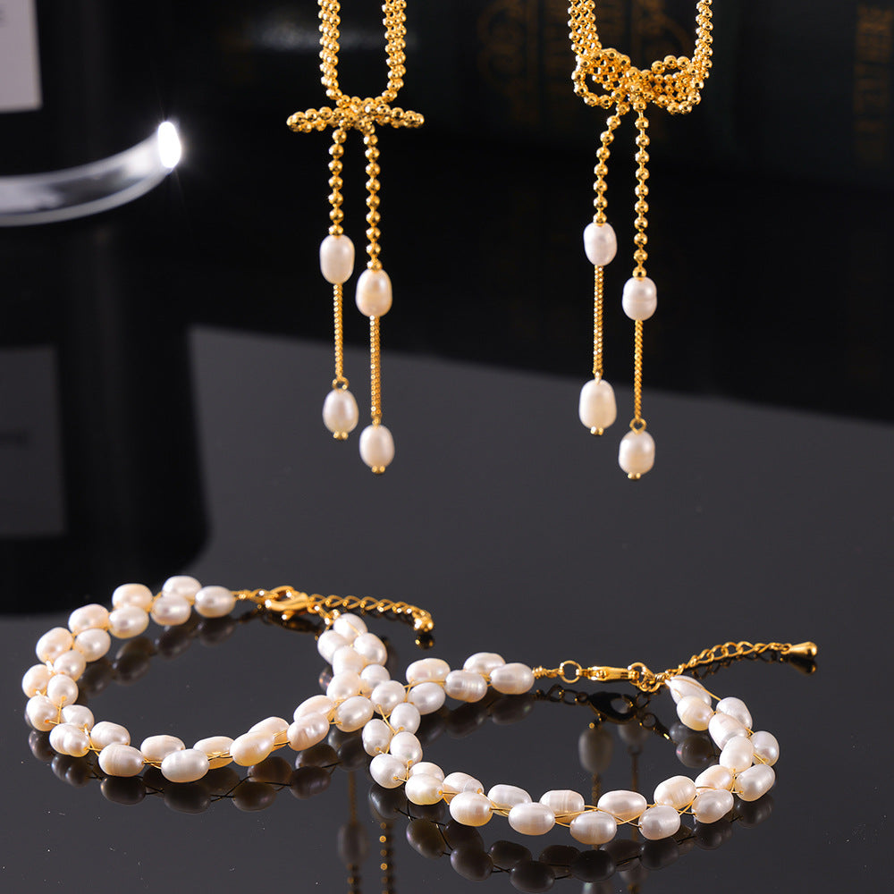 Elegant temperament gentle freshwater pearl jewelry geometric multi-layer line design copper jewelry set