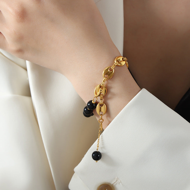 New high-end niche men's brass freshwater pearl handmade beaded natural stone black agate bracelet women
