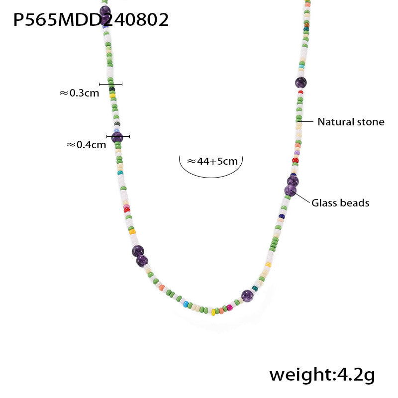 Dopamine natural stone round bead chain light luxury handmade color beaded necklace light luxury temperament neck chain female pp
