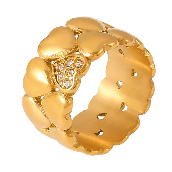 Vintage medieval love ring plated with 18K real gold stainless steel diamond double-layer stacked niche peach heart ring female 99