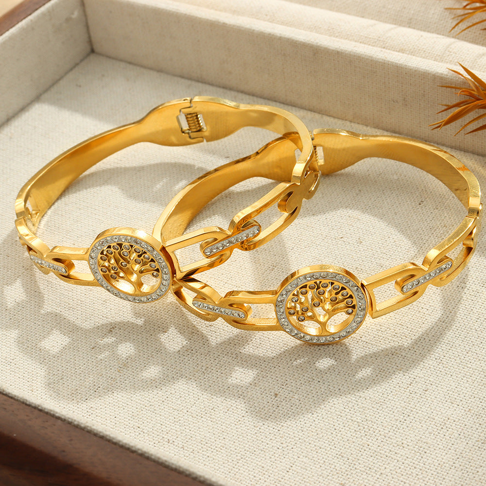 New retro style fashion personalized design titanium steel gold-plated diamond-encrusted tree of the world buckle bracelet jewelry wholesale female pp
