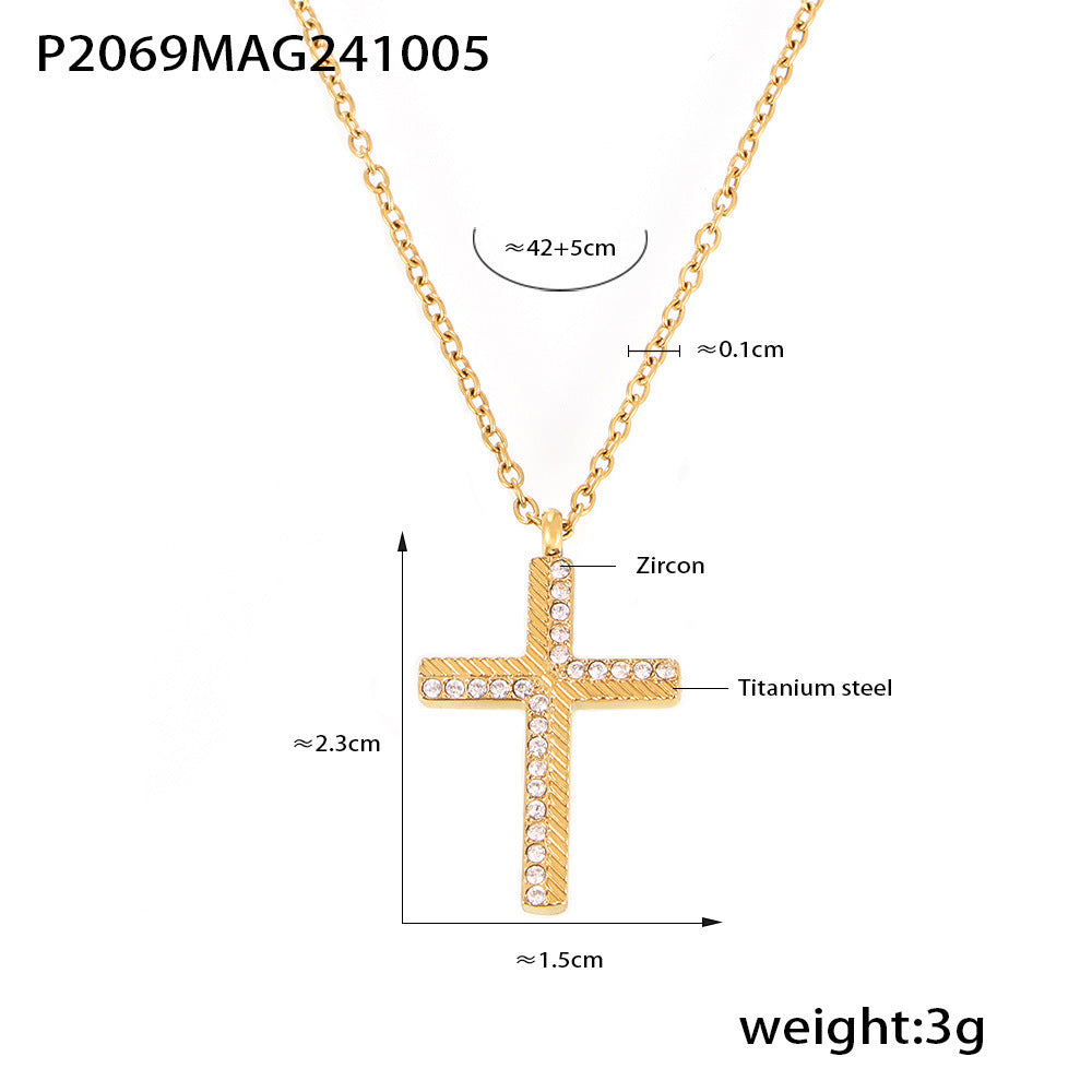 Creative twill cross zircon pendant necklace female niche light luxury stacking wearing titanium steel collarbone chain female 9
