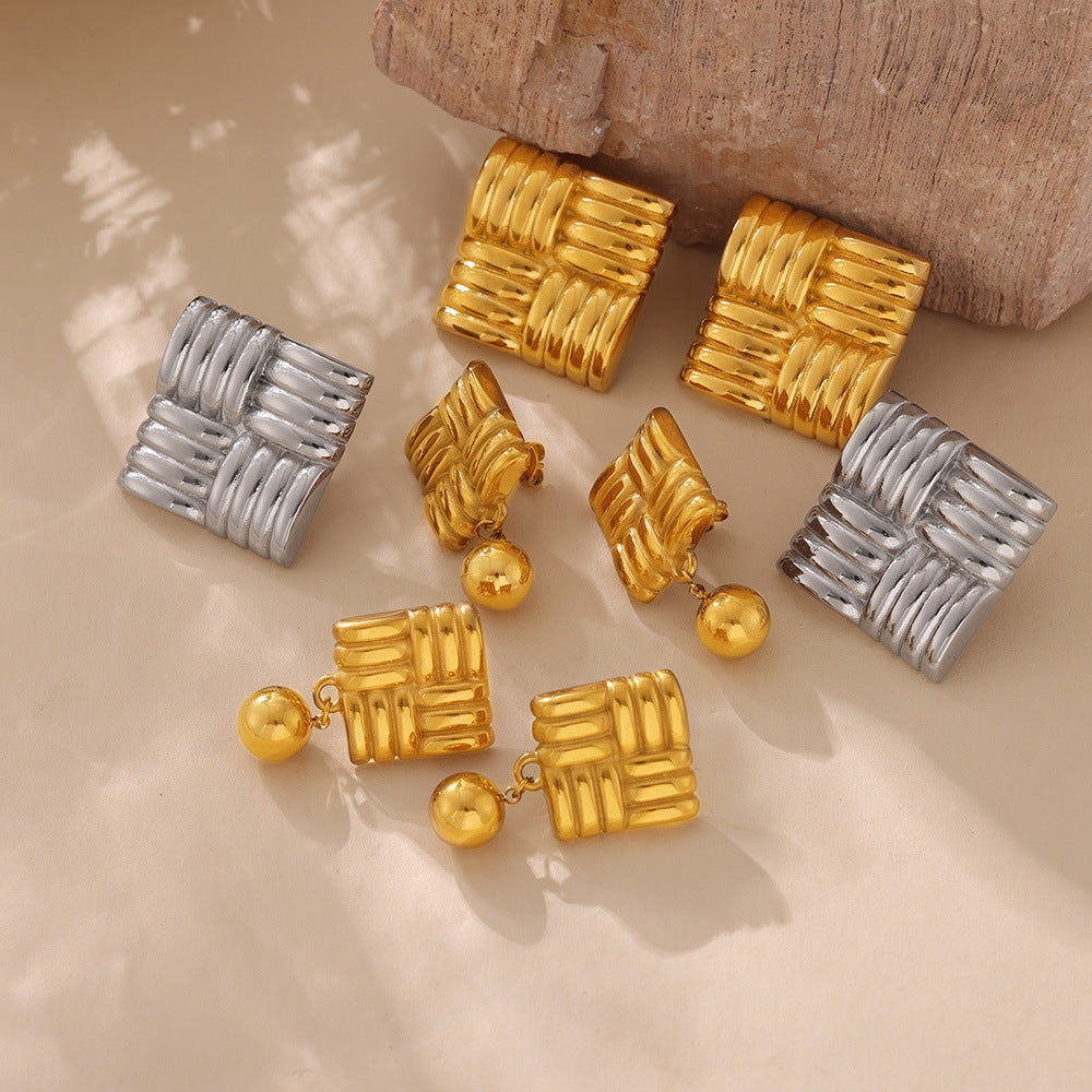 Retro knitted texture square brand ball pendant earrings plated with 18k gold titanium steel fashionable personalized fringed earrings