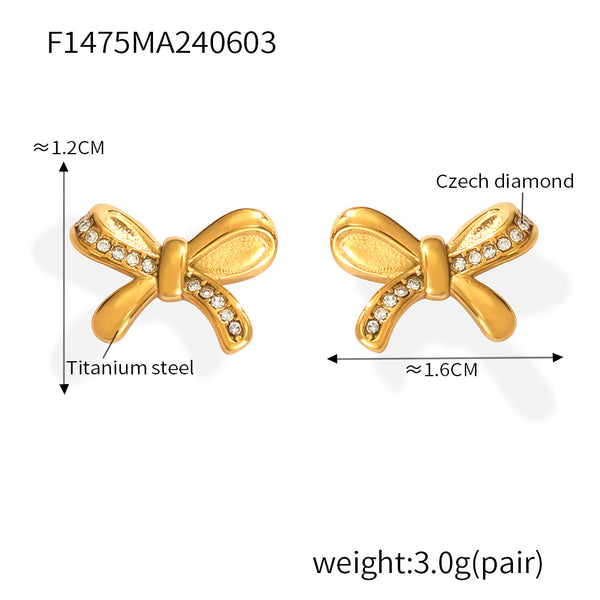 Stylish and simple personality versatile bow shape stud earrings geometric diamond design titanium steel earrings