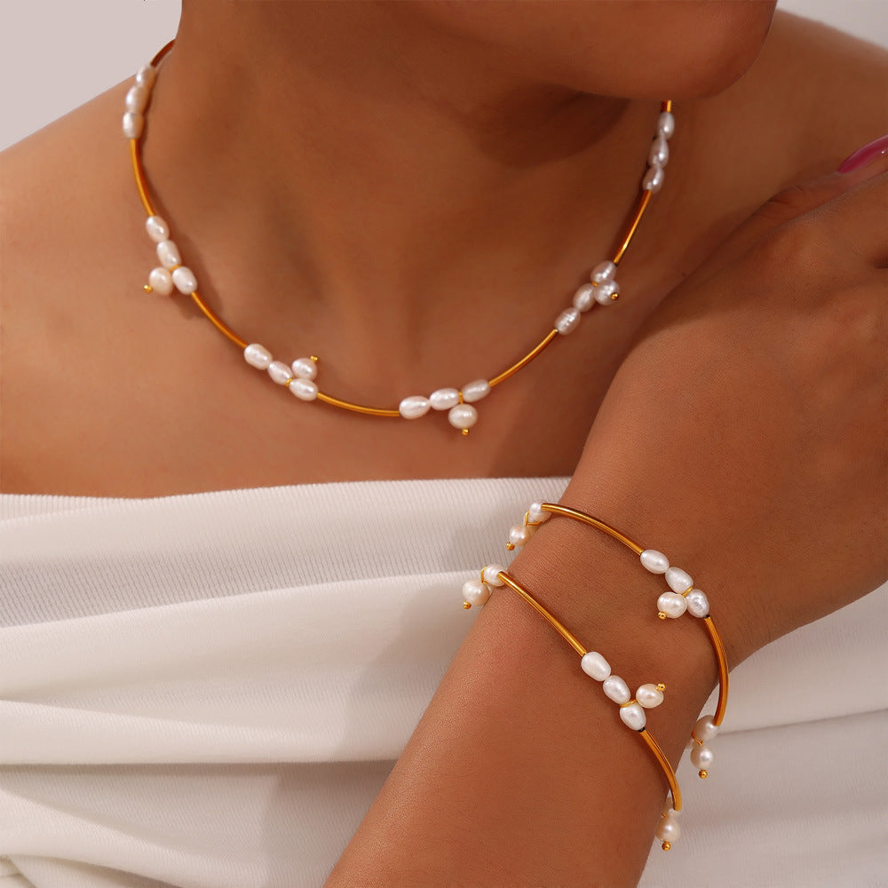 Light luxury temperament elegant jewelry geometric freshwater pearl beaded design titanium steel jewelry set