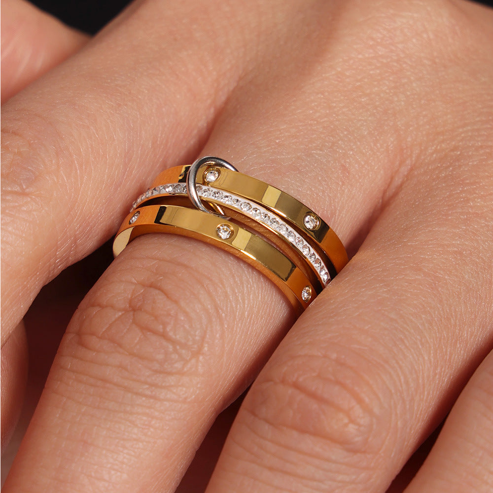 Fashion niche temperament creative personality jewelry stainless steel gold-plated multi-layer middle with diamond ring women 99