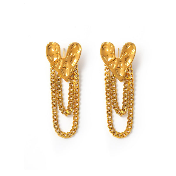 Temperament karst heart stud earrings female retro personality hammer pattern love fringe chain stainless steel earrings wholesale