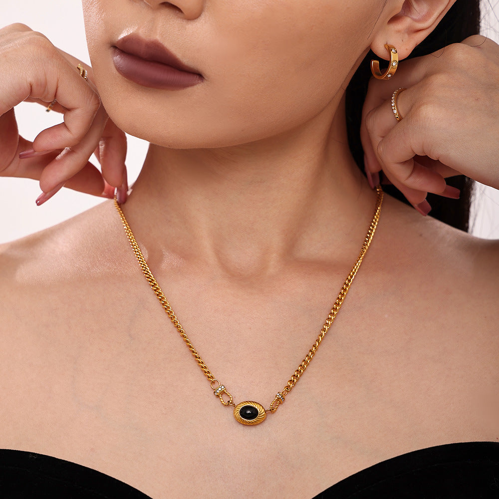 Black agate horseshoe buckle with diamond set necklace bracelet open bracelet jewelry stainless steel plated 18k gold