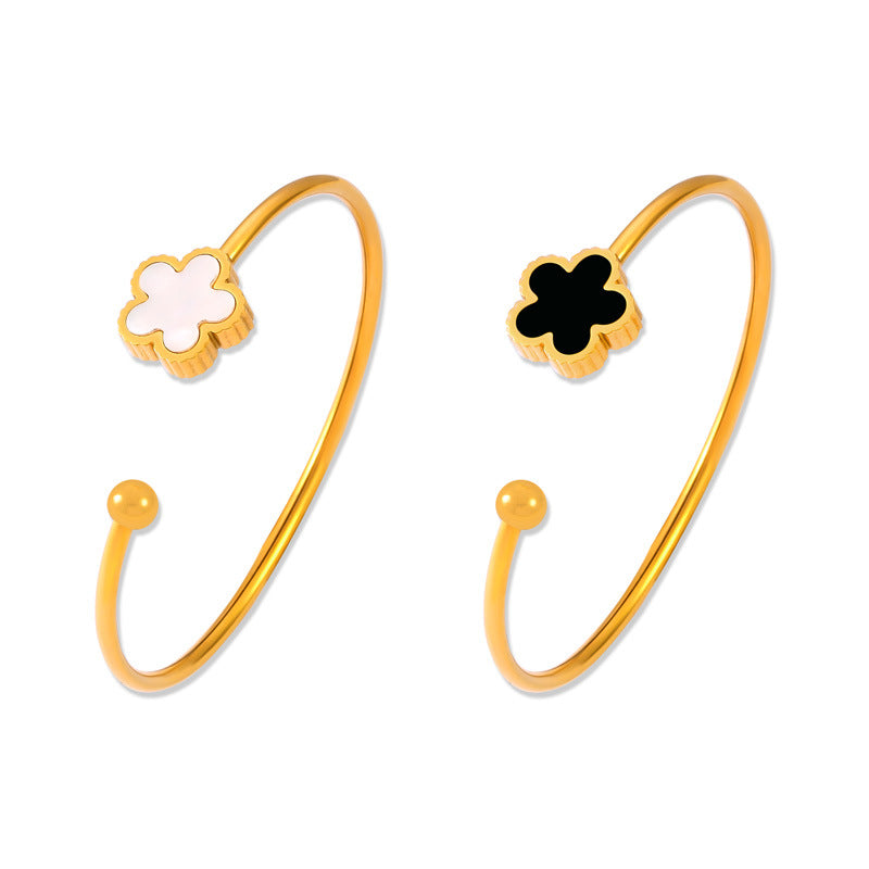 Fresh, stylish and simple personalized flower jewelry inlaid with white shell acrylic design titanium steel opening bracelet